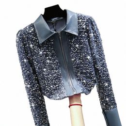 women Sequined Veet Spliced Shirt Coat Autumn Slim High Waist Short Beading Jacket Zippered Cardigan Lg Sleeved Crop Tops r4Zp#