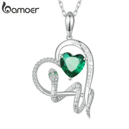 Necklaces Bamoer Authentic Green CZ Snake Pendant Necklace Cat Unicorn Geometric Heart Neck Chain for Women Birthday Gift Fine Jewelry