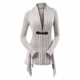 cable Knit Asymmetrical Lg Cardigan Women Sweater Female Casual Solid V-Neck Lg Sleeve Winter Cardigans F2kL#