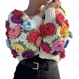 2023 Autumn BOHO Hand Crochet 3D Fr Ball Cardigan Sweet Woman V neck Full Lantern sleeve Knitting Sweater Knitwear Jumper 00B5#