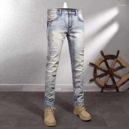 Men's Jeans Designer Vintage High Quality Light Blue Elastic Slim Fit Split Spliced Fashion Denim Pants