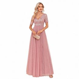 2024 Ladies Elegant Short sleeved Dr with Lace Embroidery V-neck A-line Sequin Evening Dr Bridesmaid Party Graduati Dres Q9Mn#