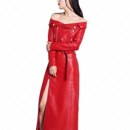 nerazzurri spring autumn maxi dres for women sl neck Red black pu leather dr women lg sleeve runway Elegant dr Y2LS#
