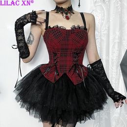 Women's Tanks Y2K Red Plaid Lace-up Zipper Corset Crop Top Vintage Sexy Aesthetic Lace Trim Backless Slim Camis Tops Summer Fashion