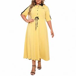 plus Size Half Butt Letter Ctrast Shirt Dres Women Summer Drawstring Waist A-line Female Casual Lg Dr 2024 u8OY#