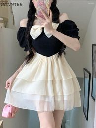 Party Dresses Women Sleeve Bow Design Tender Ins Summer Mesh Patchwork Fashion Streetwear Korean Style Daily Casual