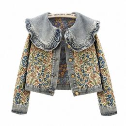 autumn Fi Jacquard Embroidery Denim Jacket Women Slim Short Blue Cowboy Outerwear Peter Pan Collar Jeans Jacket Coat Female 91ZS#