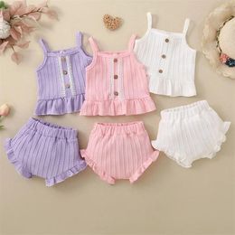 Clothing Sets Infant Baby Girls Summer 2pcs Clothes Casual Sleeveless Lace Trim Button Camisole And Solid Colour PP Shorts Outfits