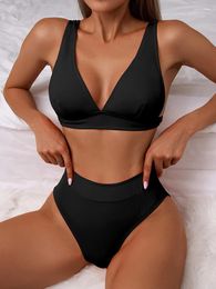 Women's Swimwear Ribbed Bikini Women Swimsuit 2024 High Waist Sexy V-neck Biquini Push Up Bathing Suit Black Set