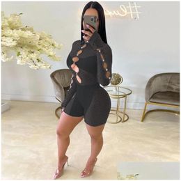 Women'S Two Piece Pants Womens Y Hollow Out Long Sleeve Jumpsuit Women Romper Club Hole See Through Mesh Ladies Playsuits Slim Stitch Dhmu5