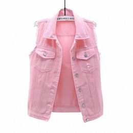 korean Fi Pink Denim Vests Women's Casual Cowboy Sleevl Jackets 2023 Summer Jean Chalecos Mujer Oversize Short Waistcoat w794#