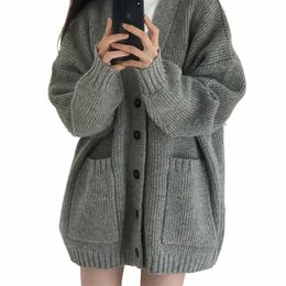 autumn Grey Women Knitted Cardigan Korean Oversize Pocket V Neck Single Breasted Jumper Casual Loose Preppy All Match Sweater m12J#