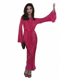 clacive Elegant Pink Pleated Women'S Dr 2023 Fi Loose O-Neck Lg Sleeve Lace-Up Ankle-Length Dres Female Clothing P3w5#