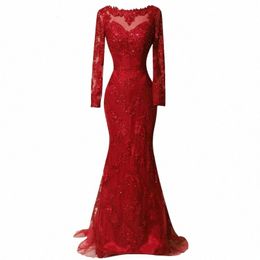 real Photos Red Full Sleeved Evening Dr 2022 Lace Appliques Mermaid Prom Dres Elegant Lg Sweep Train Formal Party Gowns L5UE#