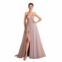 sexy Spaghetti Straps Evening Dres New Arrival V-Neck Rhinestes Beading Formal Prom Gowns with Slit robe de soiree 31vB#