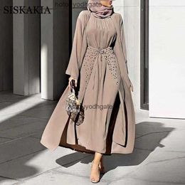 Ethnic Clothing Fashion Middle East Dubai Muslim Three Piece Suit Set Solid Long Sleeve Dress Beaded Skirt Kimono Abaya Islamic Women