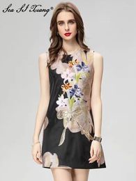 Casual Dresses Seasixiang Fashion Designer Spring Summer Jacquard Vest Dress Women O-Neck Sleeveless Sequins Vintage Party Mini