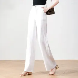 Women's Pants Women White Pure Linen Wide Leg Trousers Elastic Band Waist Summer Thin Loose Breathable Straight Oversize Z157