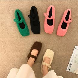 Fashion Square Toe Lambswool Ballet Flats Woman Winter Warm Plush Loafers Ladies Brand Design Teddy Fur Mary Jane Shoes in Pink 240326