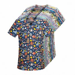 new Multicolor Cott Animal Fr Print Beauty Sal Nursing Lab Pet Shop Scrub Uniform Work Clothes 19sO#