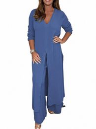 plus Size Women's 2023 Fall Two Piece Outfits Lg Sleeve V Neck Shirts Wide Leg Pants Casual Cott Linen Tracksuits Sets m6c5#