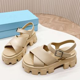 Leather Women Sandals Monolith Foam Rubber Sandal Padded Nappa Bread Slippers Summer Beach Cutout Buckle Shoes With Box 540