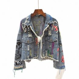 women's Graffiti Denim Jacket, Frayed Raw Cut Rivet, Fringe Jean Coat, Female Outwear, Short, Street Fi Spring, Autumn 2023 F40t#