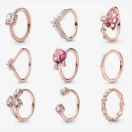 Cluster Rings Timeless Wish Heart Sparkling Rose Gold Pink Thin Tiara Wishbone Clear Three Stone Ring For Women Men Valentine's Day Gift