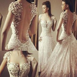 2019 New Gorgeous Sheer Backless Beads Wedding Dresses Rami Salamoun Pleats Plunging Neck Court Train Tulle Applique A-Line Bridal235v