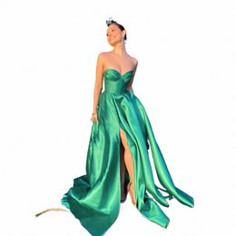 Jeheth Green Strapl Satin Side Split Evening Dr for Women Elegancka Sawetheart Breakl Line Party Party Gown Długość podłogi Q7Wh#