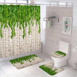 Shower Curtains Green Ivy And Old Stone Of Wall Bathroom Curtain Set Retro Plant Leaves Non-Slip Rug Flannel Carpet Toilet Cover