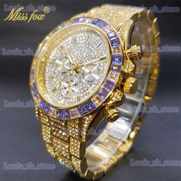 Other Watches Luxury Gold Men Waterproof Stainless Steel Iced Bracelet Purple Diamond es For Male Three Dial Work Sport Trend Clock T240329