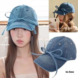 Ball Caps Korean Ins Sweet Bow Strap Denim Baseball Cap Women Vintage Niche Y2k Sboy Girls 2024 Spring Summer Sun Hat 2000s