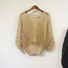 Women's T Shirts Bling 3/4 Sleeve Golden Women Sexy Knitted Party Sequined Pullovers