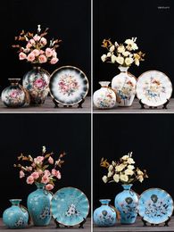 Vases 3PCS Chinese Ceramic Plate Vase Fake Flower Set Ornaments Home Room Desktop Accessories Crafts Club Restaurant Figurines Decor