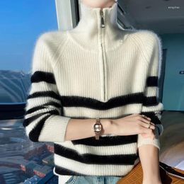 Women's Sweaters Autumn And Winter Zipper High Lapel 100 Pure Cashmere Sweater Long Sleeve Striped Padded Wool Knitted Bottoming