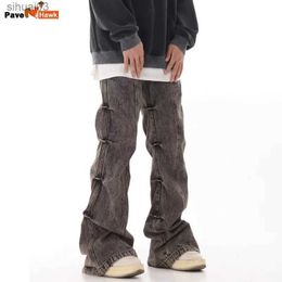 Men's Jeans Retro pleated design jeans mens and womens Grey Distressed wide leg pants American style high street straight pockets Korean mens TrousersL2403