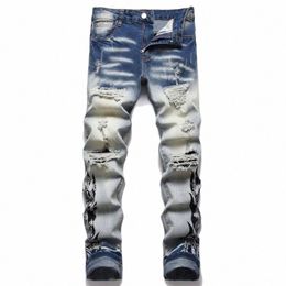 men Jeans High Quality Streetwear Ripped Denim Pants Trend Brand Casual Trousers Printed Biker Destroyed Hole Slim Fit Scratched K4xD#