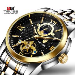 TEVISE Fashion Mens Watch Luxury Business Men Watches Tourbillon Design Stainless Steel Strap Automatic Wrist Watches216K