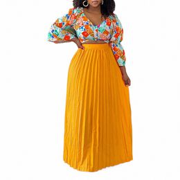 plus Size Spring And Summer New Fiable V-Neck Printed Top Paired With Pleated Lg Skirt Two-Piece Commuting Style Set w4HS#