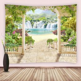 Tapestries Mountain Waterfall Tapestry European Garden Balcony Scenery Nature Flowers Wall Hanging Living Room Bedroom Dorm Decor