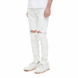 men's Butt Fly White Zipper Leg Ripped Jeans High Street Denim Jeans U4LA#