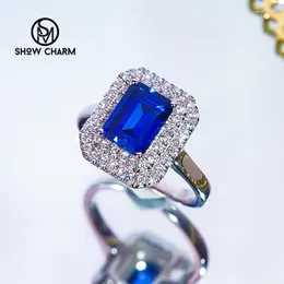 Cluster Rings Luxury Blue Sapphire Ring S925 Sterling Silver Large High Carbon Diamond Fine Vintage Jewellery For Women Party Gift Super Flash