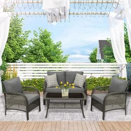 Camp Furniture Outdoor Sofa 4-piece Set Equipped With Coffee Table And Thick Cushion All-weather Modern Gray Rattan Chair Garden