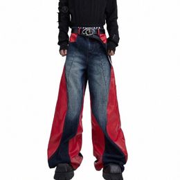 noymei Ctrast Color Baggy Jeans Fi Men's Wide Leg Denim Pants Niche Design Vintage Patched PU Leather Patchwork WA3272 Y68a#