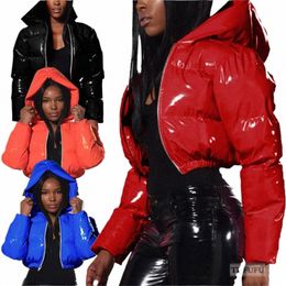 fi Cute Women Bright PU Pink Puffer Jacket Winter Warm Bubble Coats Shiny Leather Parkas Down Zipper Cropped Jackets Parkas K7rH#