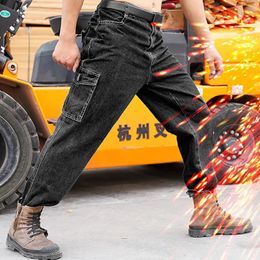 Labor Insurance Pants Mens Work Welding Workers Anti-scalding Wear-resistant Multi-pocket Overalls Auto Repair Jeans 240320