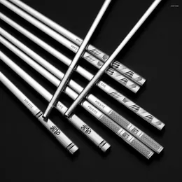 Chopsticks 1 Pair Tip End Stainless Steel Square Head Chinese Auspicious Patterns Laser Engraving Anti-scald