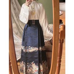 2024 New Chinese Small Horse Face Skirt National Style Tibetan Blue Ancient Clothes One Piece Half Length Song Dynasty Hanfu Womens Edition