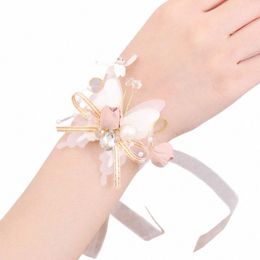 butterfly Imitati Pearls Corsage Bracelet Fabric Hand Frs Girls Bridesmaid Wrist Frs Wedding Party Accories 35Gy#